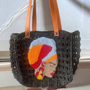 Handmade Black Crochet Bag with Vibrant African Woman Punch Needle Design